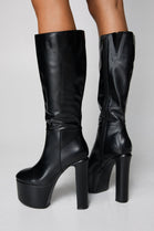 Black PU Platform Block High Heel Calf Boots Wth Side Zip