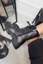 Black PU Chunky Ankle Boots With Lace-up Front and Faux Fur Trim Lining