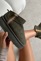 GREEN FAUX SUEDE PLATFORM ULTRA MINI ANKLE BOOTS