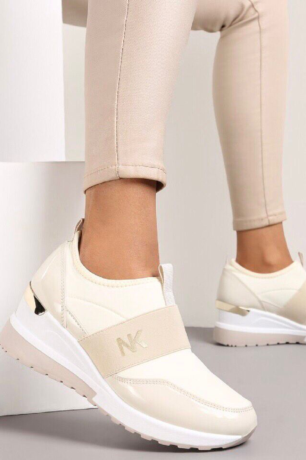 BEIGE WEDGE DETAIL SLIP ON GOLD CLIP HEEL CHUNKY TRAINERS