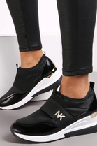 BLACK WEDGE DETAIL SLIP ON GOLD CLIP HEEL CHUNKY TRAINERS