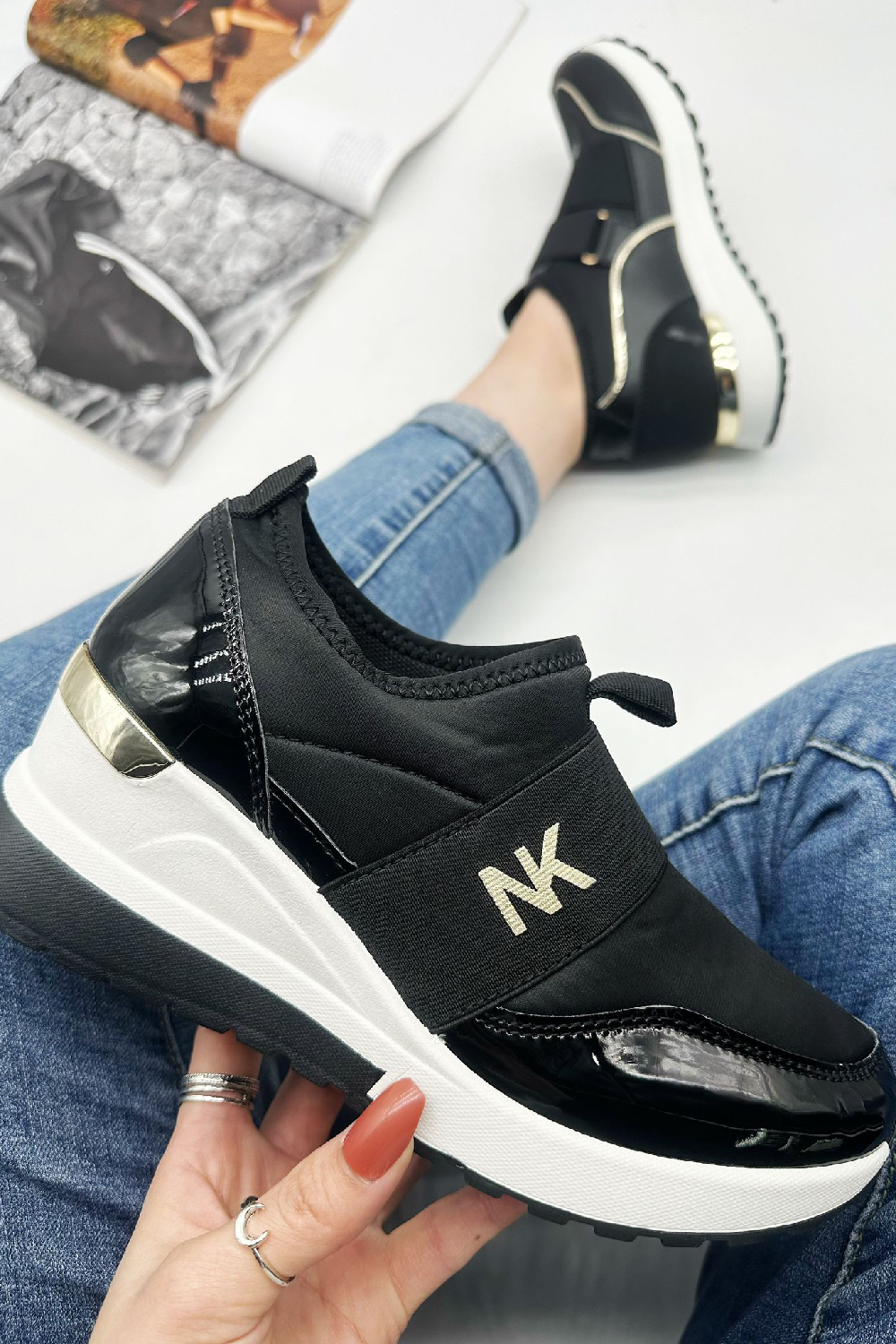 BLACK WEDGE DETAIL SLIP ON GOLD CLIP HEEL CHUNKY TRAINERS