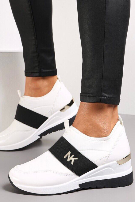 WHITE WEDGE DETAIL SLIP ON GOLD CLIP HEEL CHUNKY TRAINERS