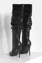 Black PU Ruched Stiletto Heel Pointed Toe Knee High Boots