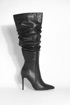 Black PU Ruched Stiletto Heel Pointed Toe Knee High Boots