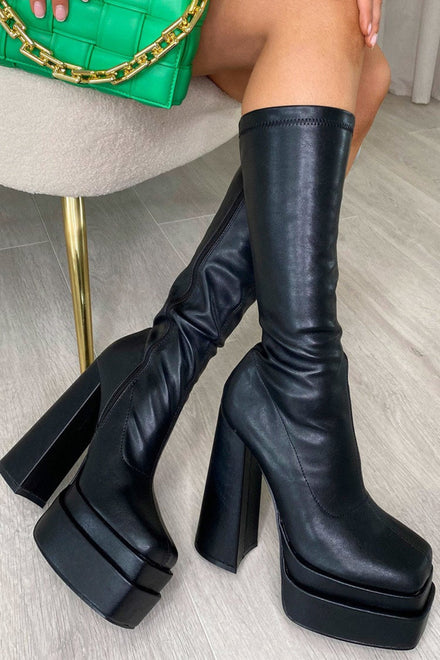 Black PU Square Toe Block Heel Calf High Stretch Boots