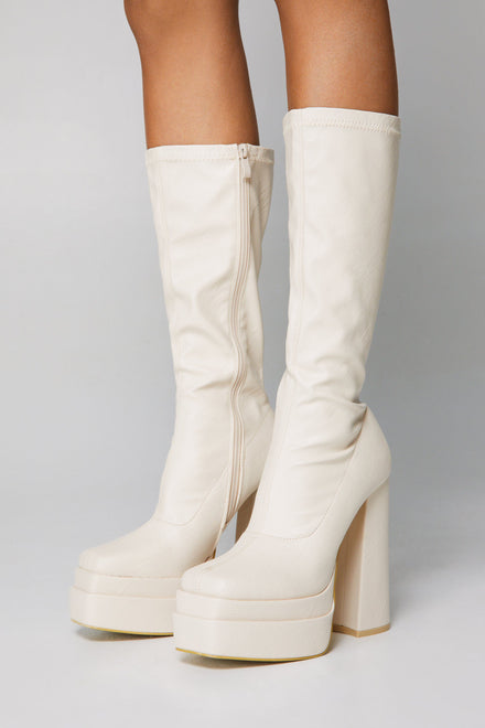 Cream PU Square Toe Block Heel Calf High Stretch Boots