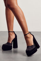 BLACK SATIN SQUARE TOE PLATFORM BLOCK HIGH HEEL COURT PUMP