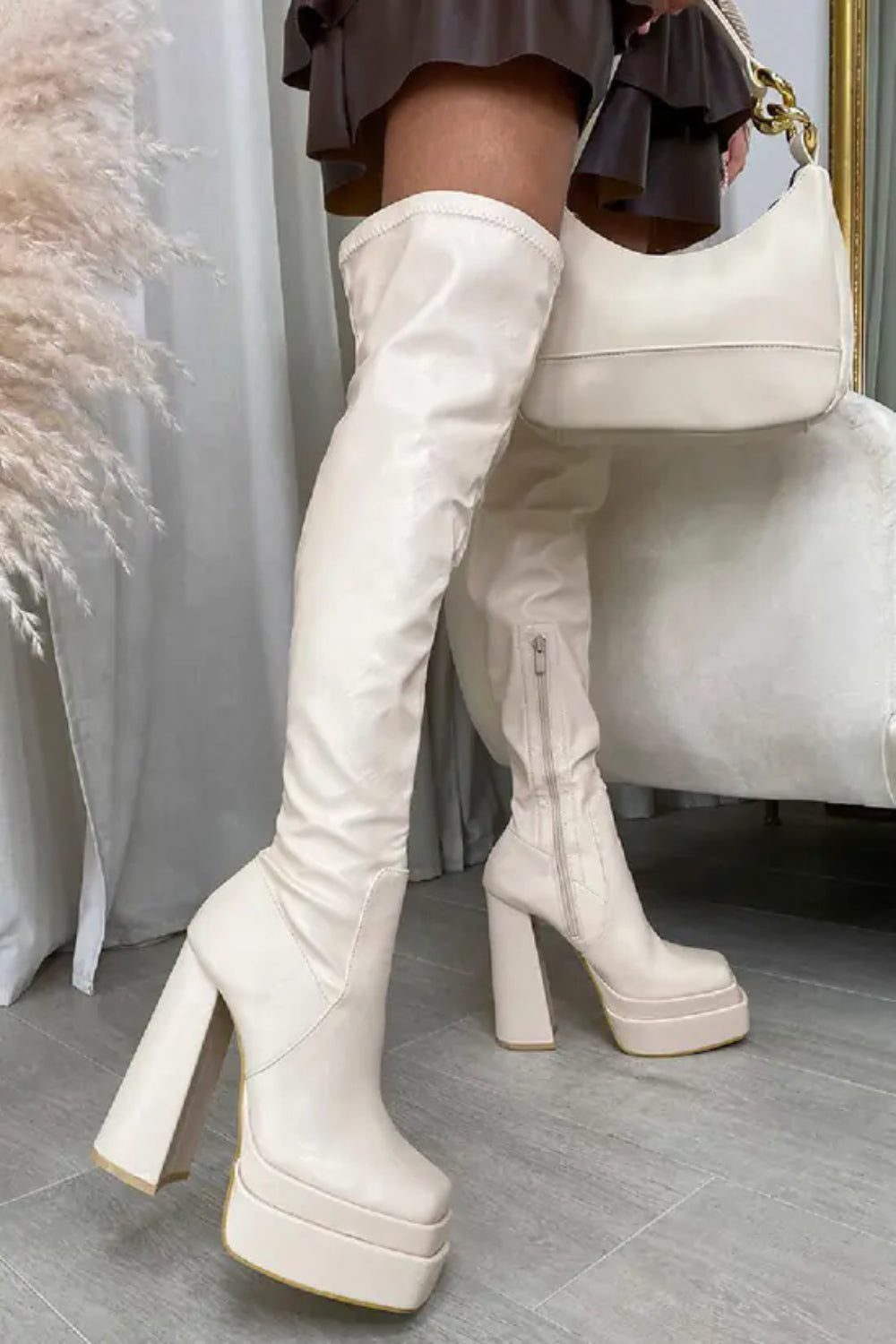 Cream PU Square Toe Block Heel Calf High Stretch Boots