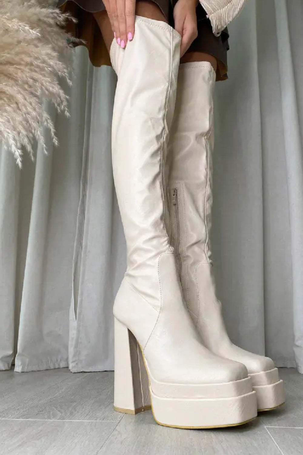 Cream PU Square Toe Block Heel Calf High Stretch Boots