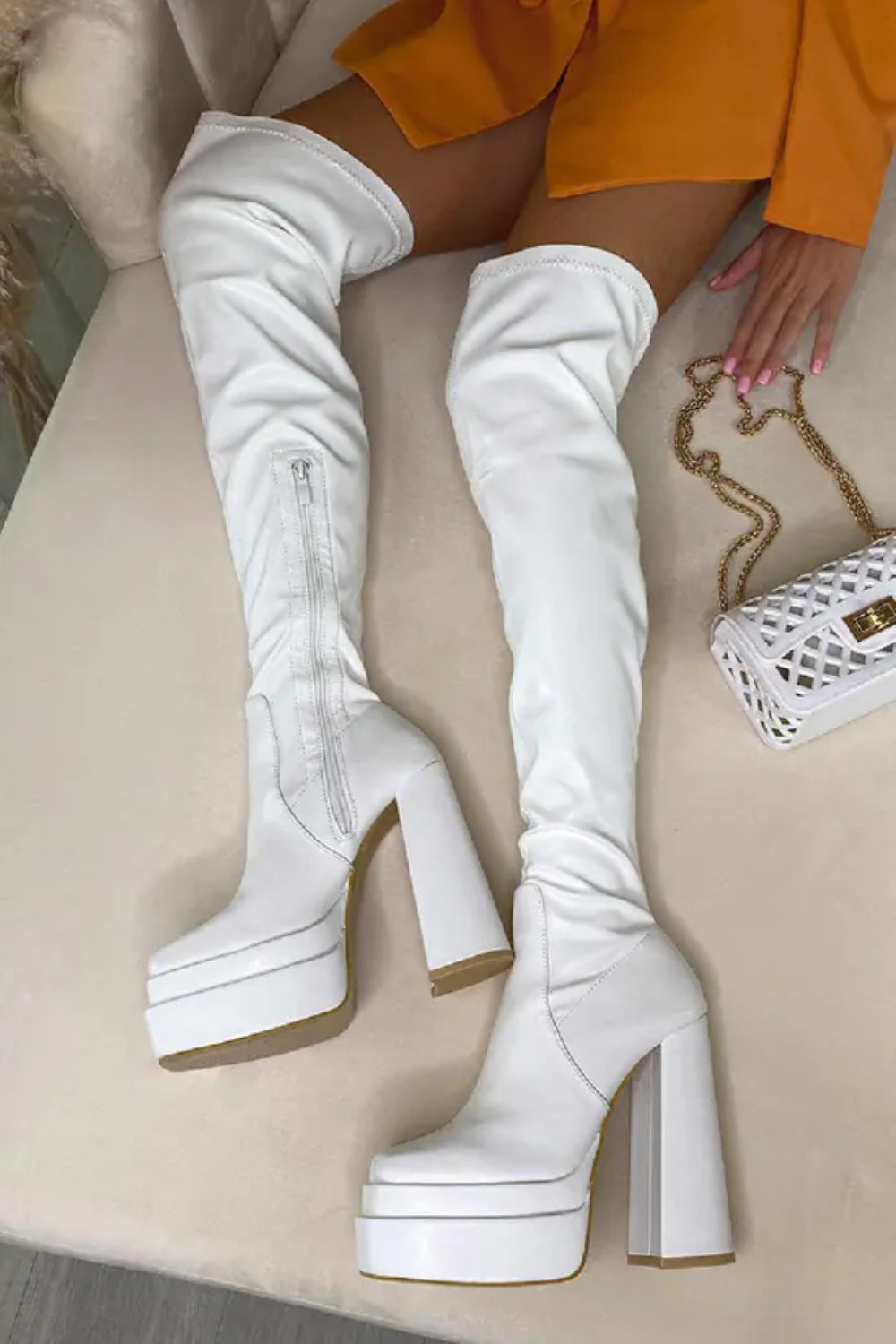 White PU Square Toe Block Heel Calf High Stretch Boots