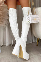 White PU Square Toe Block Heel Calf High Stretch Boots