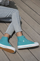 BLUE LACE UP SIDE DETAIL FLAT HI TOP TRAINERS SNEAKERS