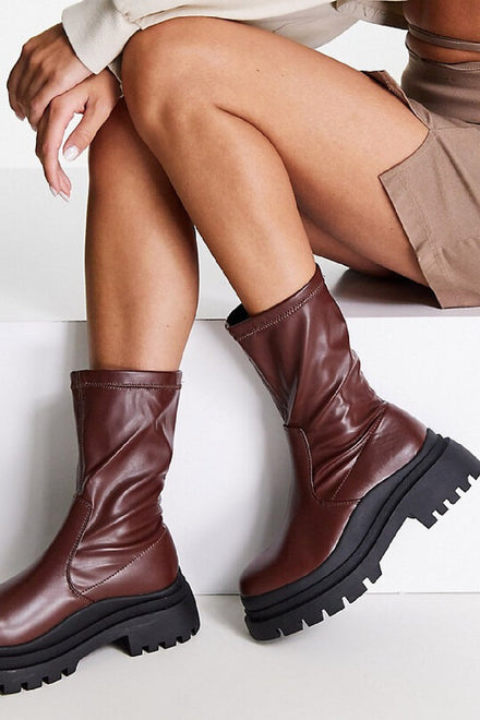 Brown PU Chunky Sole Ankle Boot