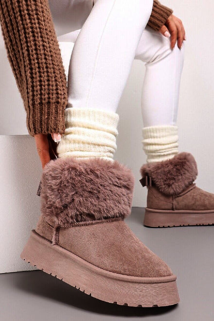 KHAKI FAUX FUR LINED CHUNKY PLATFORM BOW DETAIL FUR COLLAR ANKLE BOOTS