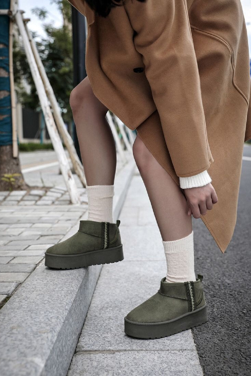 GREEN FAUX SUEDE PLATFORM ULTRA MINI ANKLE BOOTS