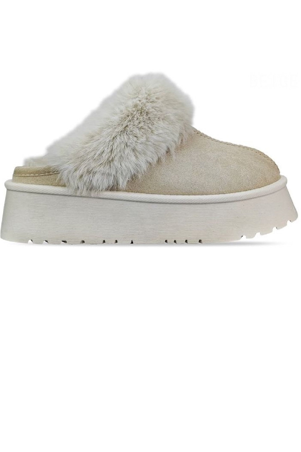 BEIGE PLATFORM MULE SLIPPER FAUX FUR FLUFFY SHOES