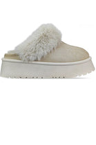 BEIGE PLATFORM MULE SLIPPER FAUX FUR FLUFFY SHOES