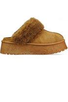 CAMEL PLATFORM MULE SLIPPER FAUX FUR FLUFFY SHOES