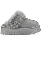 GREY PLATFORM MULE SLIPPER FAUX FUR FLUFFY SHOES