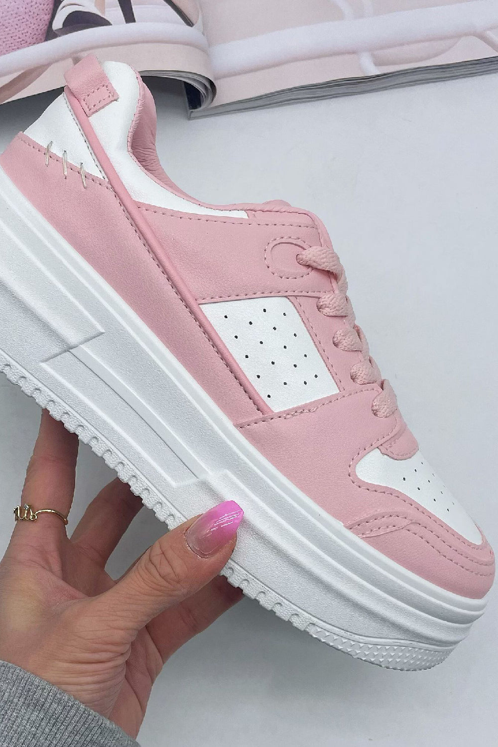 PINK LACE UP CHUNKY FLAT SNEAKERS