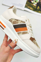 BEIGE LACE UP STRIPE DESIGN TAB DETAIL FLAT SNEAKERS