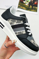 BLACK LACE UP STRIPE DESIGN TAB DETAIL FLAT SNEAKERS