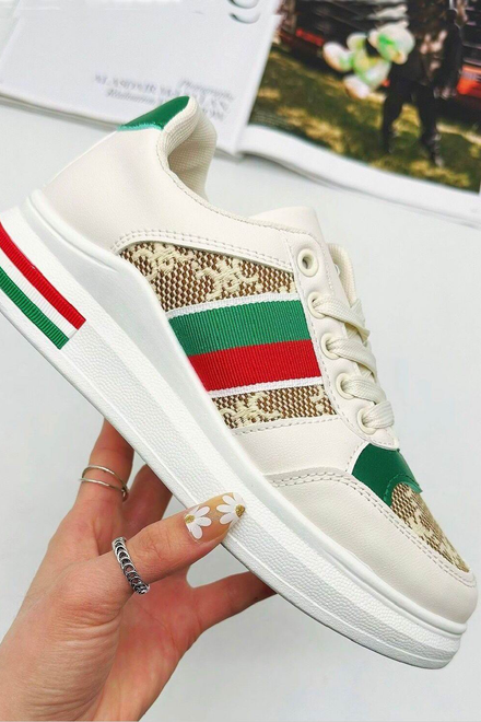 WHITE LACE UP STRIPE DESIGN TAB DETAIL FLAT SNEAKERS