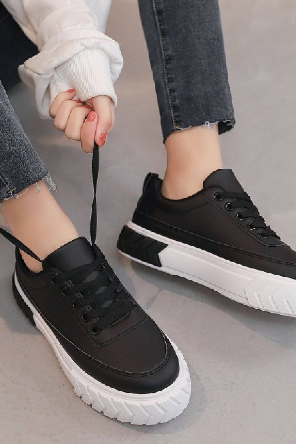 BLACK LACE UP CHUNKY FLAT SNEAKERS