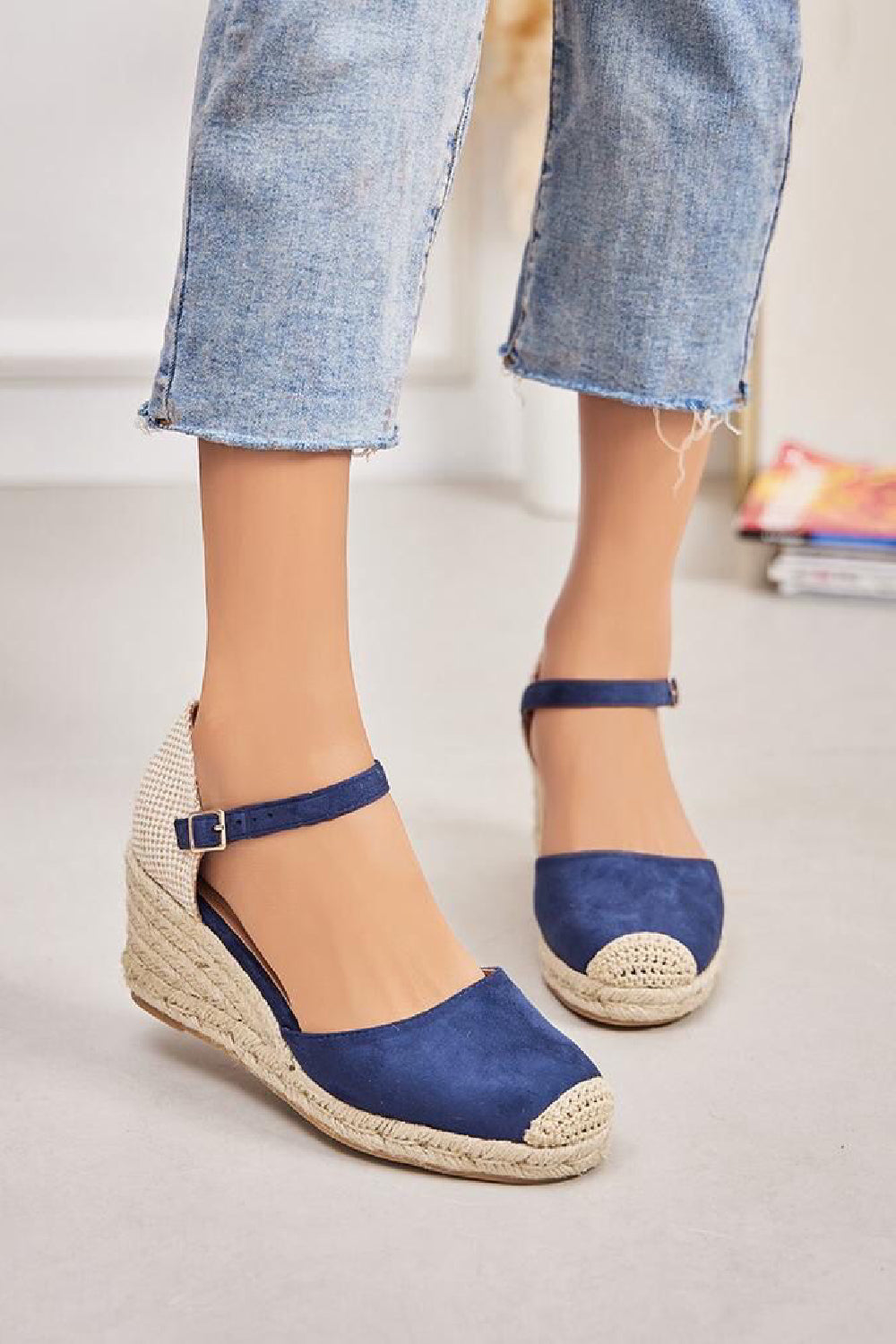 BLUE ANKLE STRAP RAFFIA WEDGE SANDAL