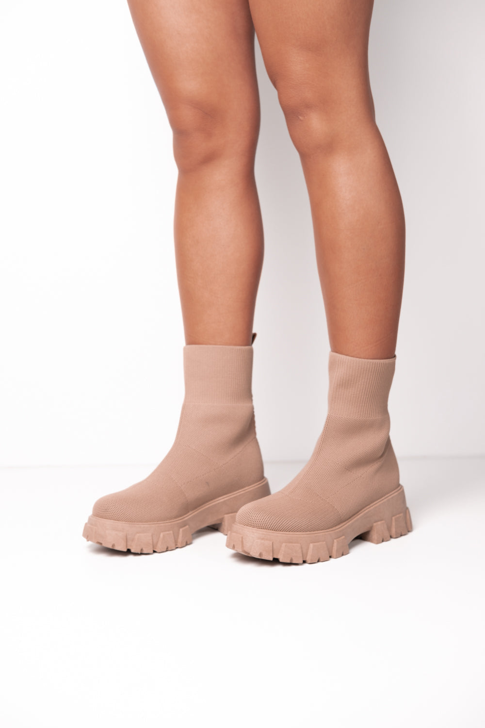 Camel Knitted Sock Pull On Chunky Ankle Boot