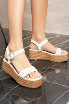 White Raffia Open Toe Ankle Strap Diamante Buckle Wedge Sandal