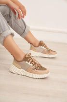 BEIGE LACE UP FLAT MESH DETAIL SNEAKERS