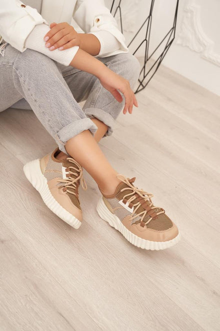 BEIGE LACE UP FLAT MESH DETAIL SNEAKERS
