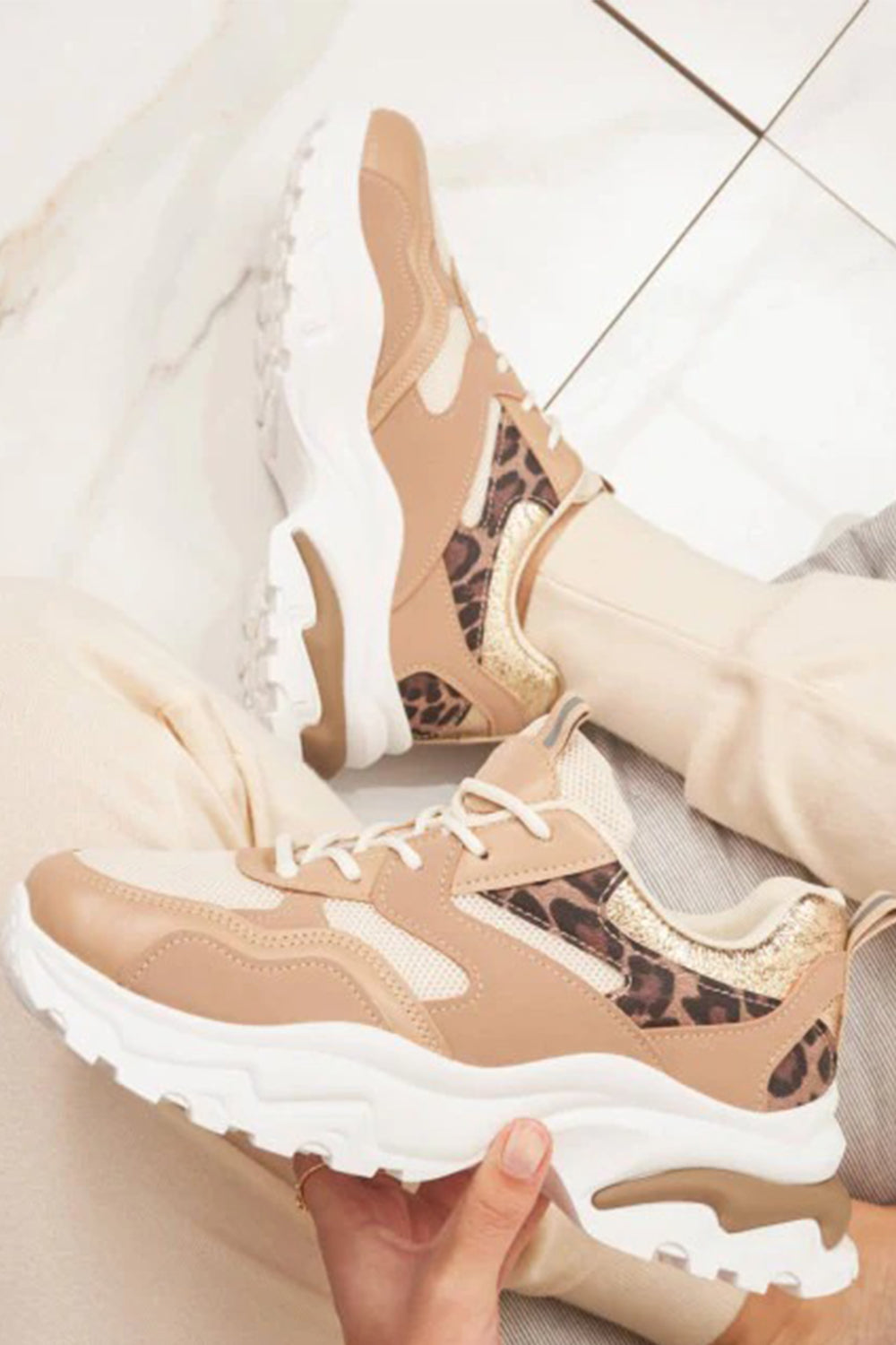 BEIGE LEOPARD LACE UP SNEAKERS