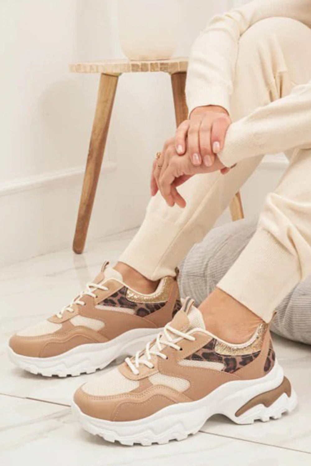 BEIGE LEOPARD LACE UP SNEAKERS