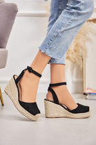 BLACK ANKLE STRAP OPEN BACK RAFFIA WEDGE SANDAL