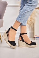 BLACK ANKLE STRAP OPEN BACK RAFFIA WEDGE SANDAL