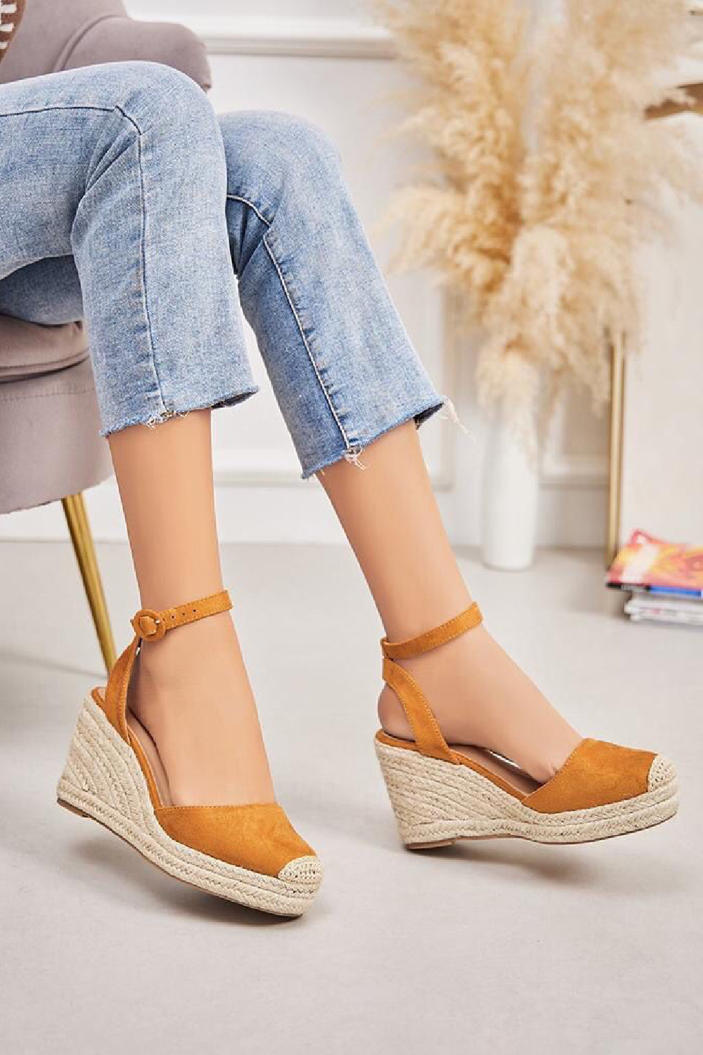 CAMEL ANKLE STRAP OPEN BACK RAFFIA WEDGE SANDAL