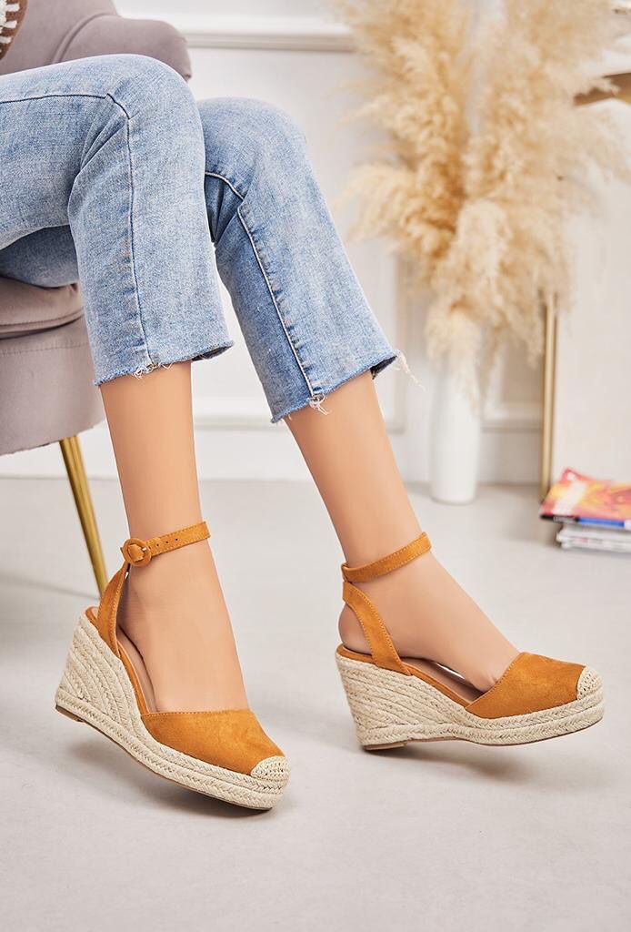 CAMEL ANKLE STRAP OPEN BACK RAFFIA WEDGE SANDAL