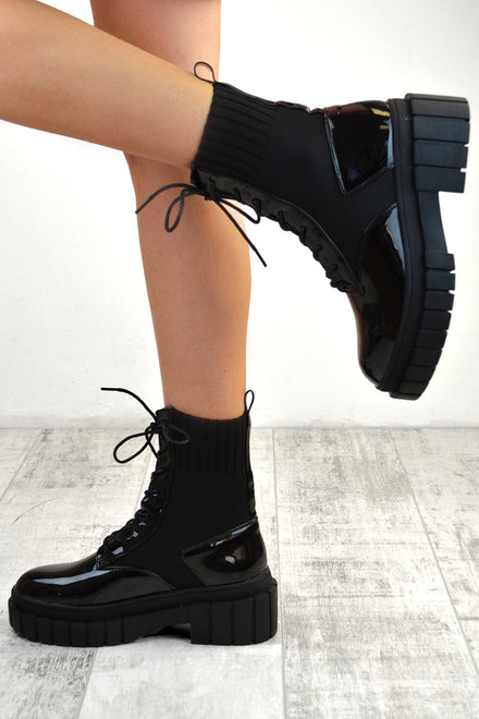 Black Patent Knitted Panel Cleated Platform Ankle Boots