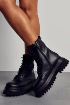 BLACK PU CHUNKY PLATFORM ANKLE FRONT LACE UP BOOT