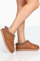 CAMEL FAUX SUEDE EMBROIDERED COZY SLIPPER BOOTS