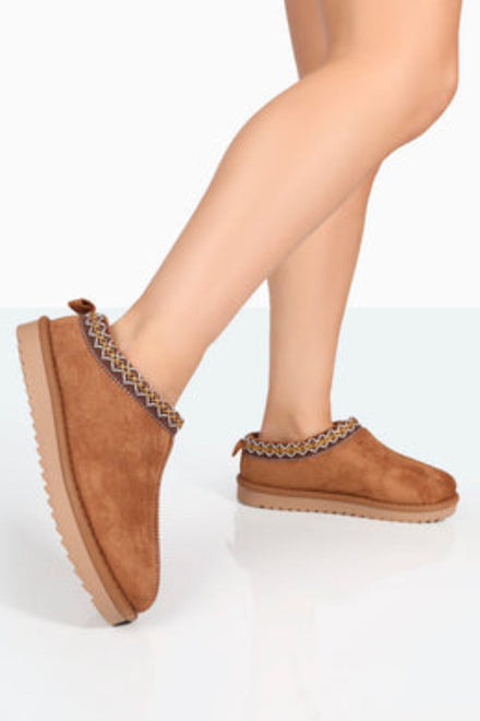 CAMEL FAUX SUEDE EMBROIDERED COZY SLIPPER BOOTS