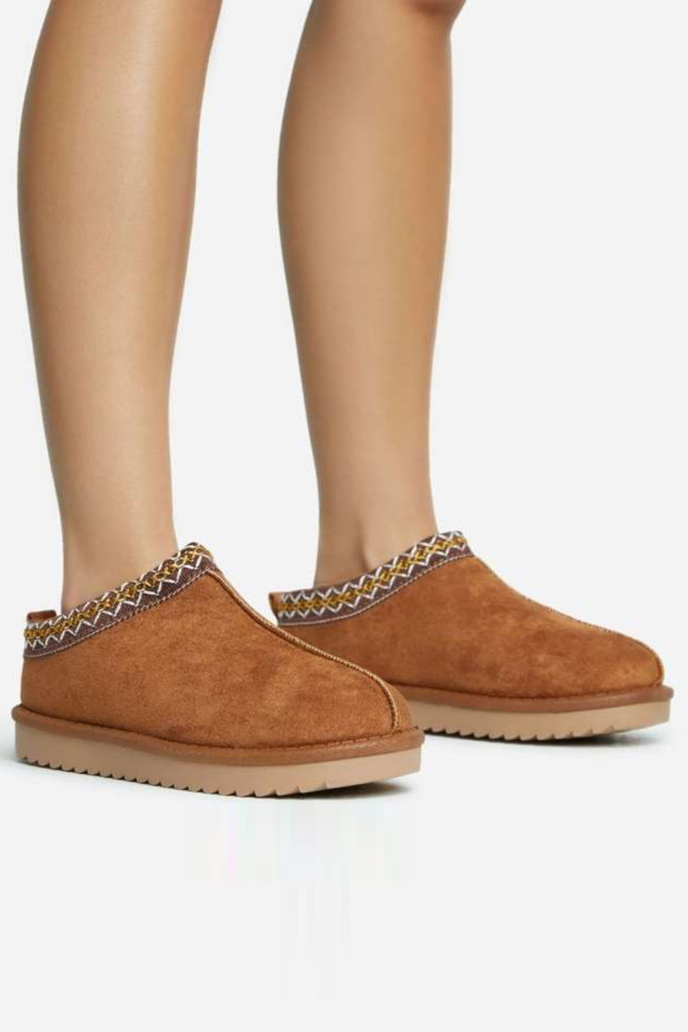 CAMEL FAUX SUEDE EMBROIDERED COZY SLIPPER BOOTS