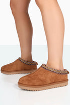 CAMEL FAUX SUEDE EMBROIDERED COZY SLIPPER BOOTS