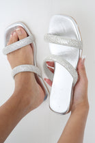 Silver Metallic Double Strap Embellished Sparkly Flat Slider Sandals