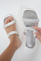 Silver Metallic Double Strap Embellished Sparkly Flat Slider Sandals