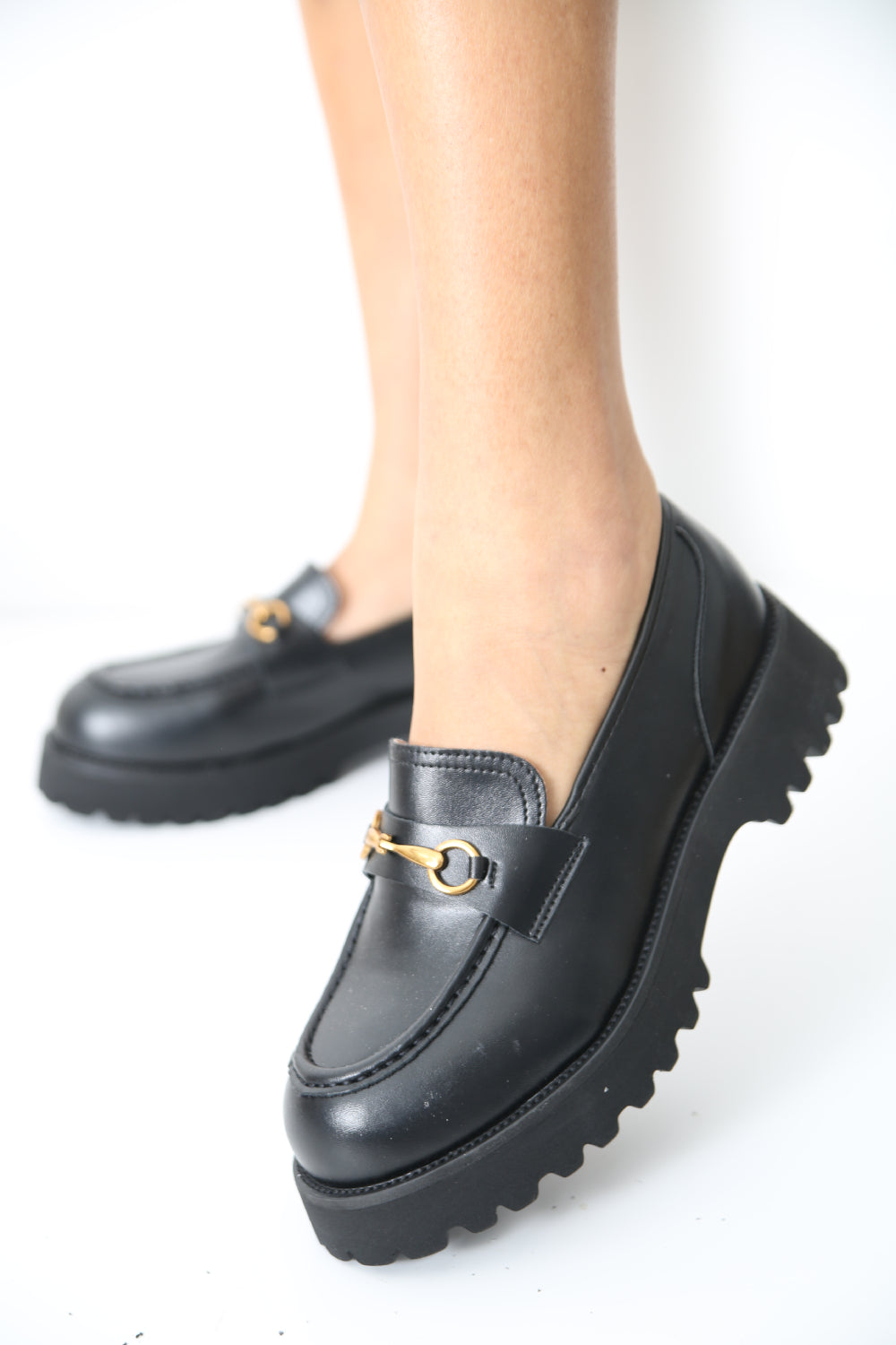 Black PU Chunky Flatform Loafers With Metal Detail