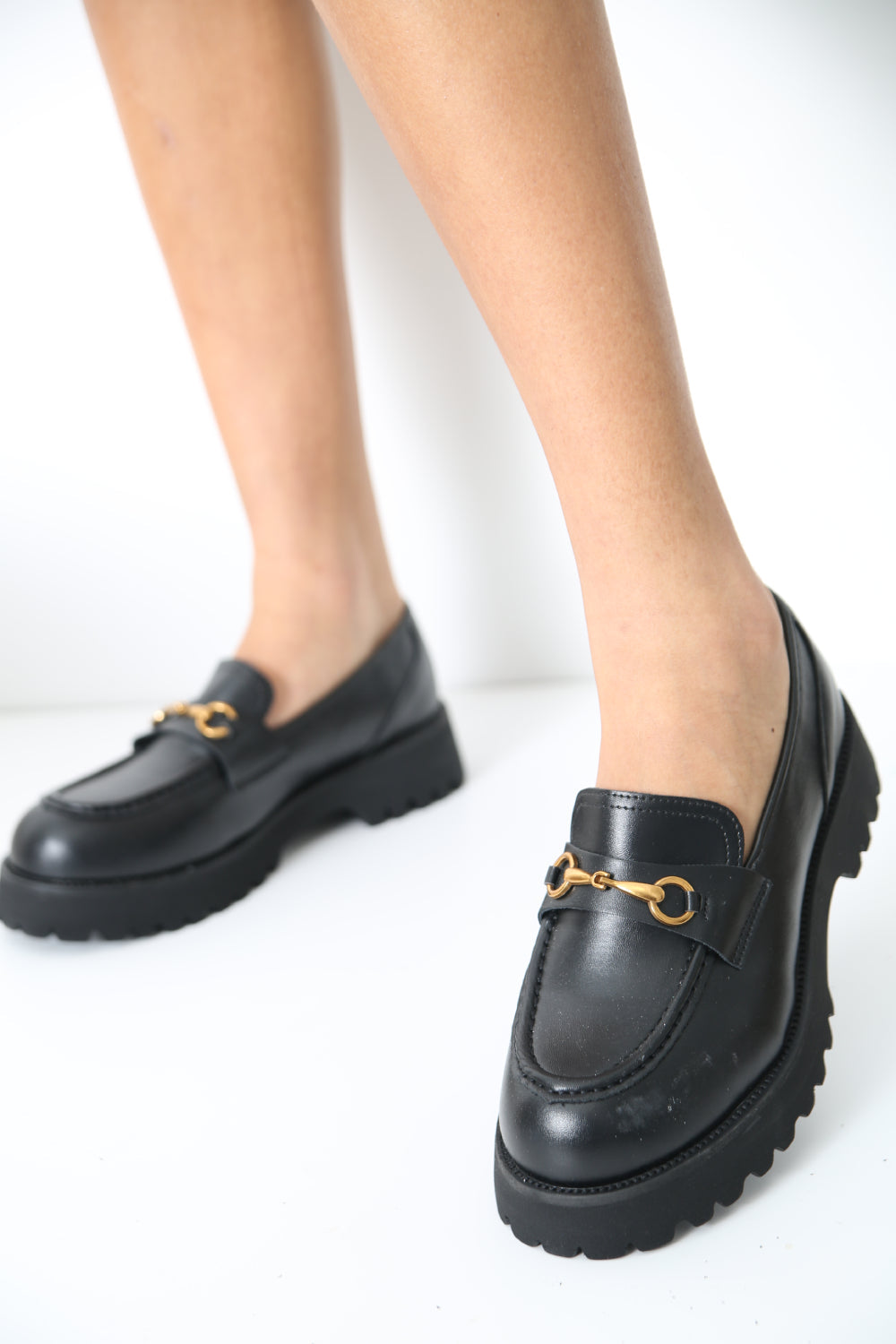 Black PU Chunky Flatform Loafers With Metal Detail